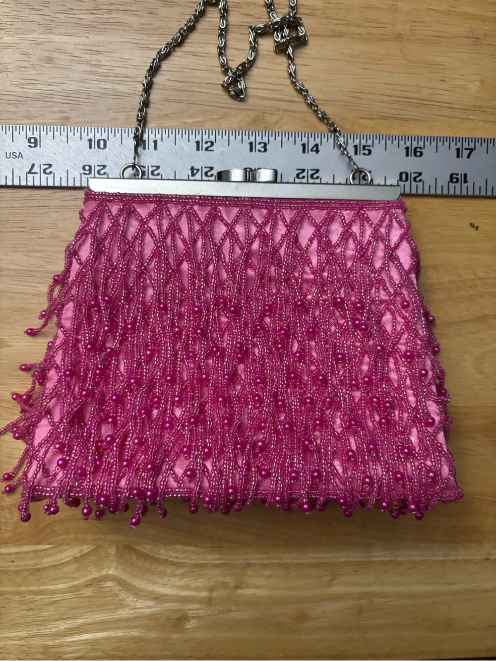 Pink Beaded Fringe Evening Clutch – Elegant Party Wristlet